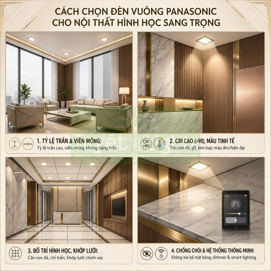 Đèn vuông Panasonic lắp trần cho phòng khách và hành lang nội thất hình học sang trọng