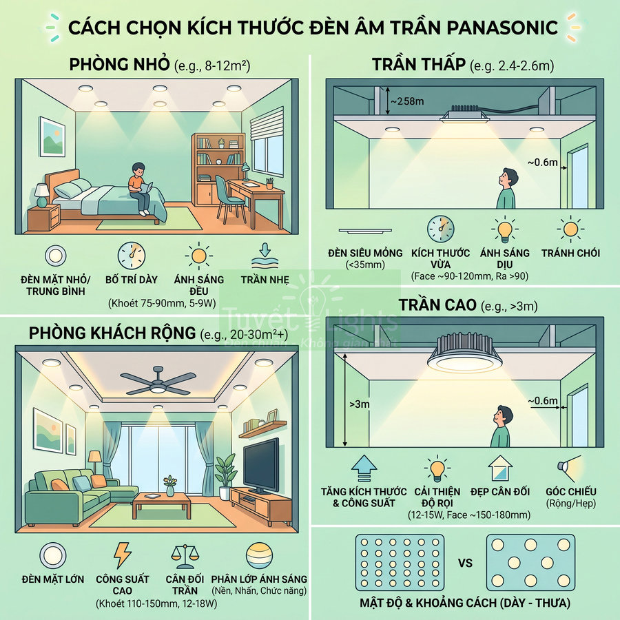 Hướng dẫn chọn kích thước đèn âm trần Panasonic cho phòng ngủ, phòng khách, trần thấp và trần cao