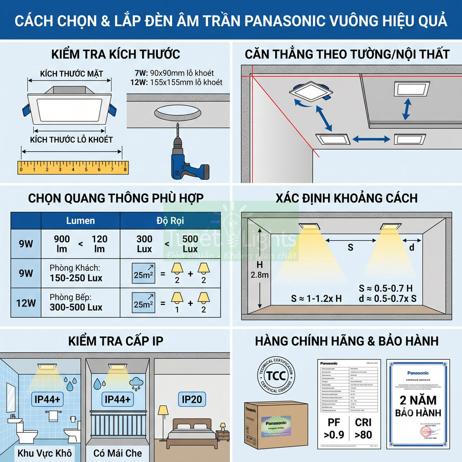 Hướng dẫn chọn và lắp đèn âm trần vuông Panasonic, kiểm tra kích thước, khoảng cách, cấp IP và bảo hành