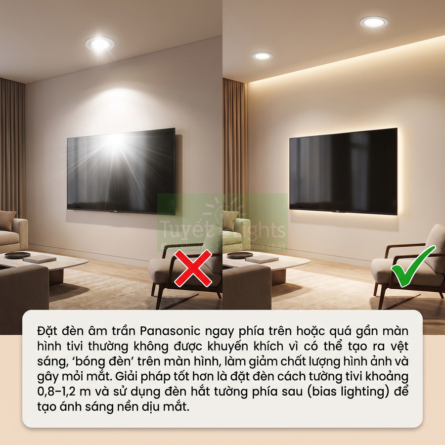 So sánh cách lắp đèn âm trần Panasonic trước và sau tivi trong phòng khách để tránh chói màn hình