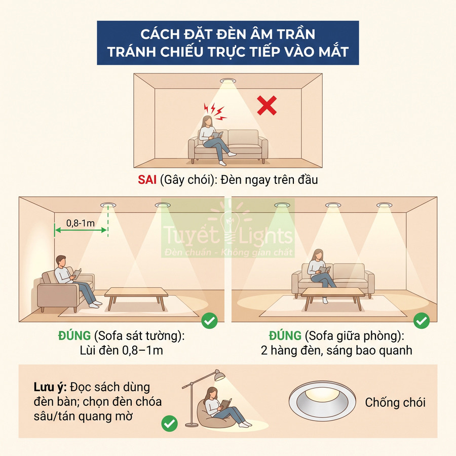 Hướng dẫn bố trí đèn âm trần chống chói cho phòng khách với sofa sát tường và sofa giữa phòng