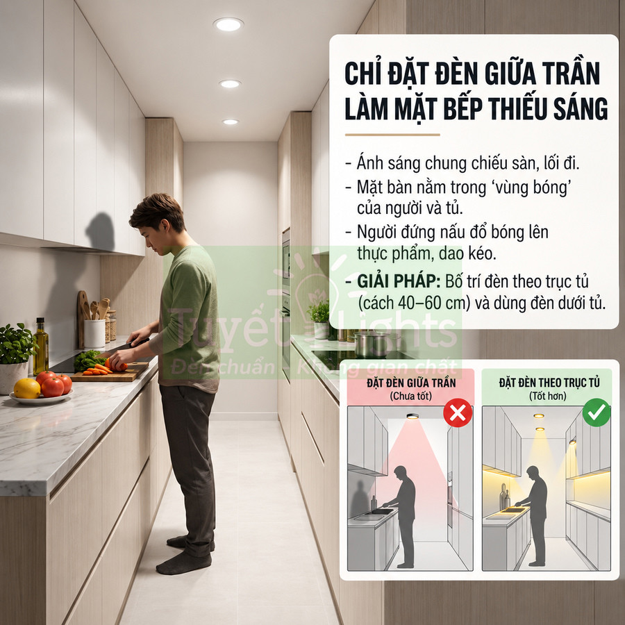 Đèn âm trần chiếu sáng bếp hiện đại, minh họa so sánh đặt đèn giữa trần và đèn theo trục tủ bếp