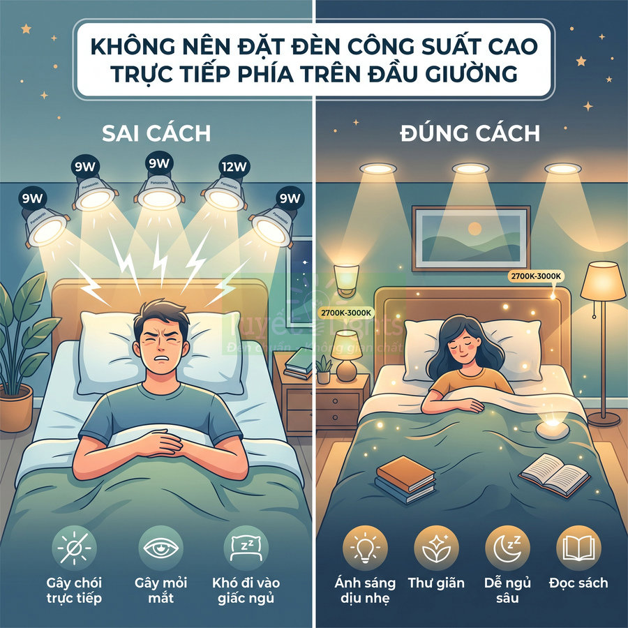 Minh họa so sánh cách bố trí đèn ngủ sai và đúng để có ánh sáng dịu, giúp thư giãn và ngủ ngon hơn