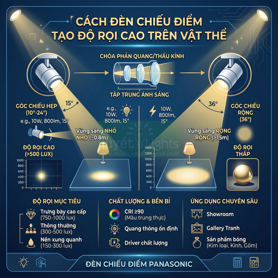 Infographic hướng dẫn sử dụng đèn chiếu điểm Panasonic tạo độ rọi cao cho trưng bày sản phẩm