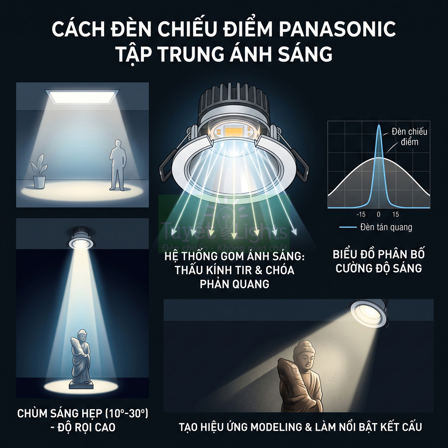Đèn chiếu điểm Panasonic với thấu kính TIR, chóa phản quang tạo chùm sáng hẹp làm nổi bật vật trưng bày