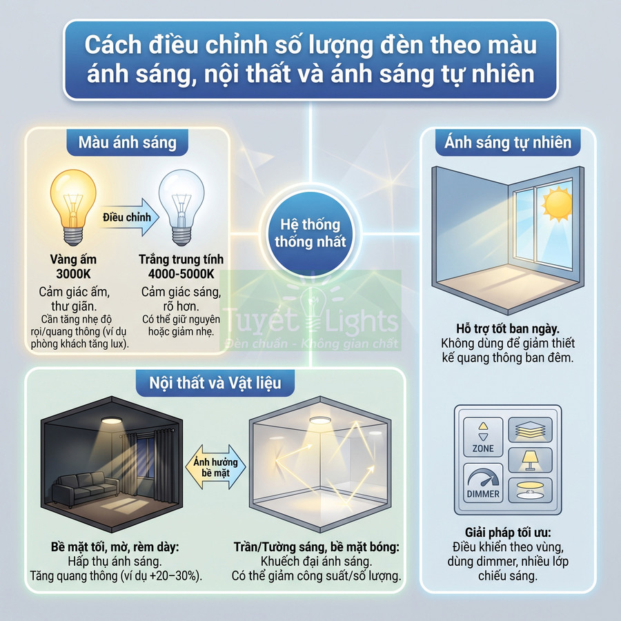 Infographic Tuyết Lights hướng dẫn điều chỉnh số lượng đèn theo màu ánh sáng, nội thất và ánh sáng tự nhiên