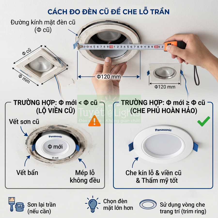 Hướng dẫn đo và lắp đèn âm trần Panasonic mới để che kín lỗ trần và viền đèn cũ