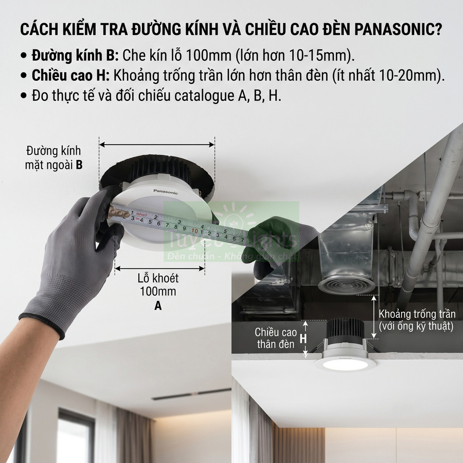 Đo đường kính và chiều cao đèn âm trần Panasonic bằng thước dây khi lắp đặt trên trần nhà