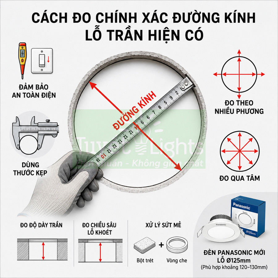 Hướng dẫn đo đường kính lỗ trần để lắp đèn âm trần Panasonic tròn Ø125mm bằng thước và thước kẹp