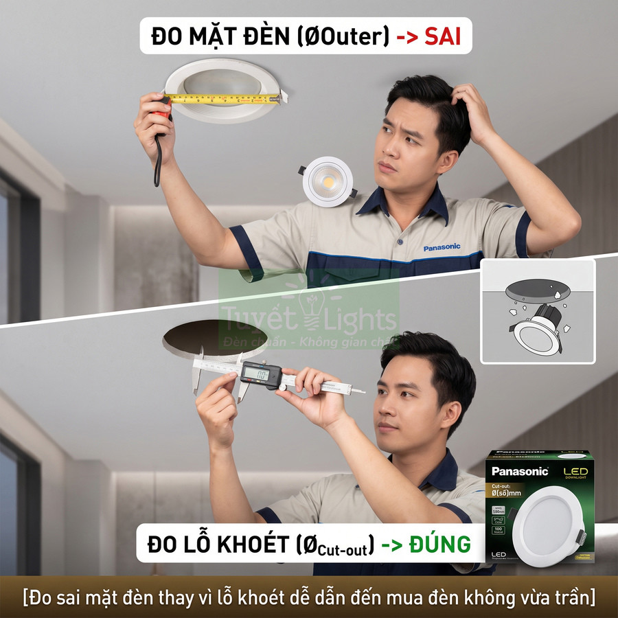 Nhân viên Panasonic đo lỗ khoét trần để lắp đèn LED âm trần Panasonic đúng kích thước