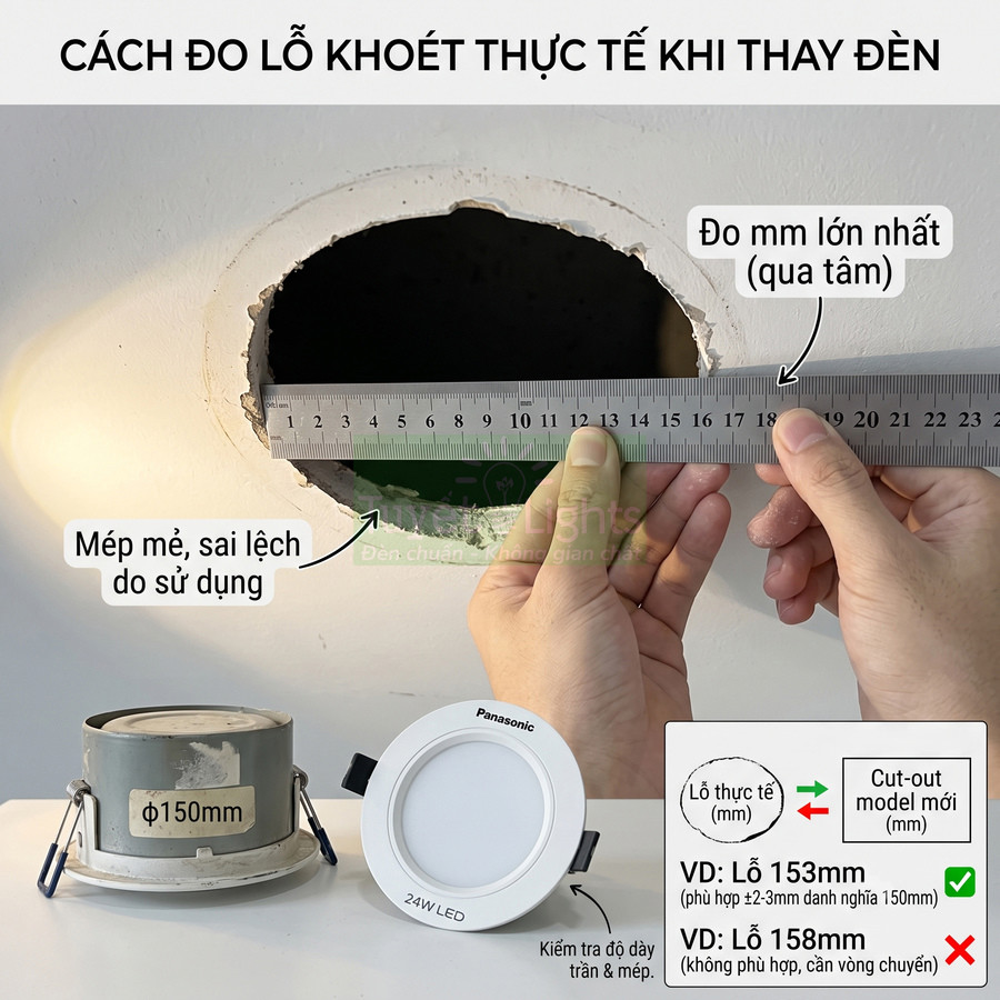 Đo lỗ khoét trần và so sánh với kích thước đèn âm trần Panasonic 24W LED để chọn model phù hợp