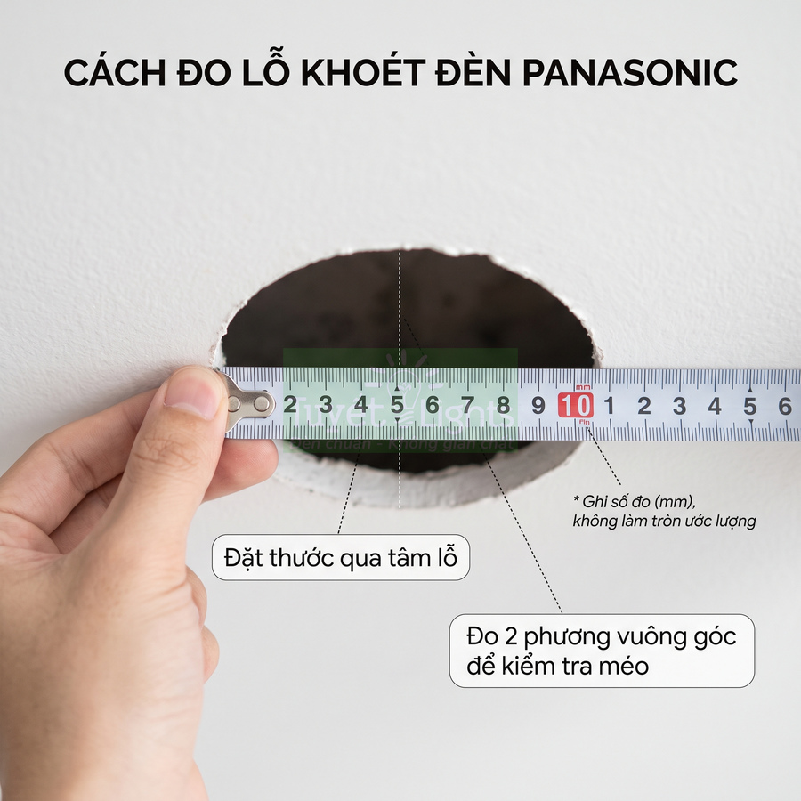 Đo đường kính lỗ khoét đèn Panasonic trên trần bằng thước dây milimet