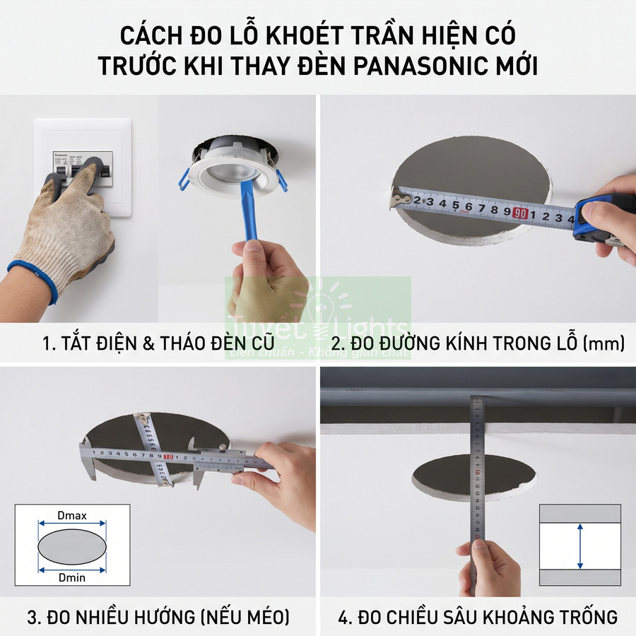 Hướng dẫn đo lỗ khoét trần và khoảng trống để lắp đèn âm trần Panasonic mới