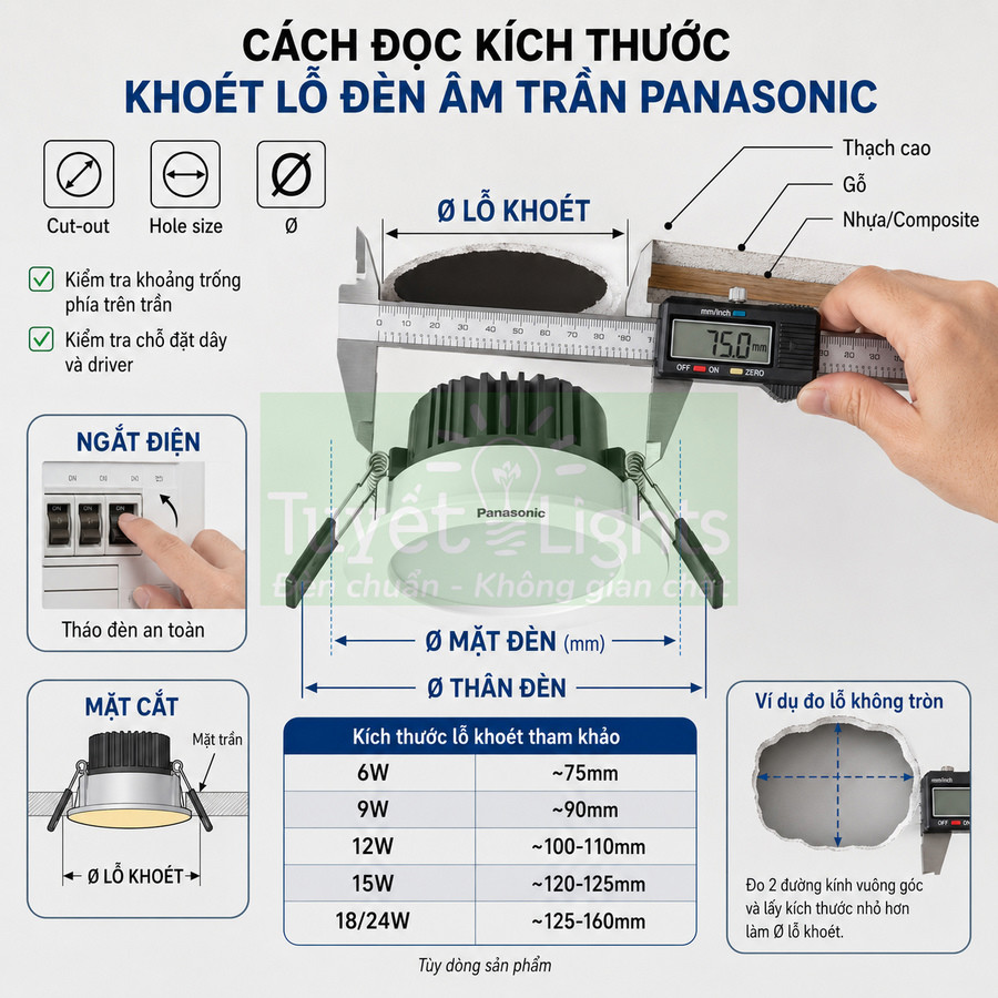 Hướng dẫn đo kích thước khoét lỗ đèn âm trần Panasonic bằng thước kẹp điện tử trên trần nhà