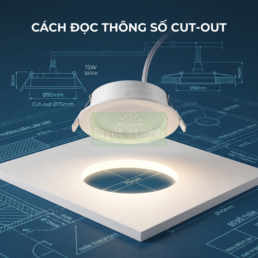 Đèn led âm trần tròn Tuyết Lights đặt trên bản vẽ kỹ thuật thông số lỗ khoét cut out