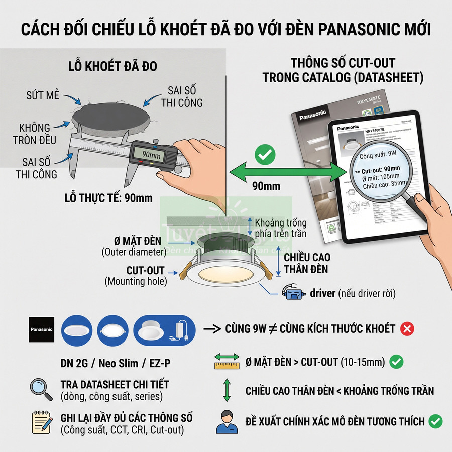 Hướng dẫn đo lỗ khoét và chọn kích thước đèn âm trần Panasonic phù hợp với trần nhà