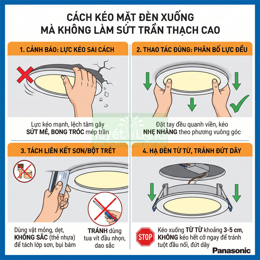 Hướng dẫn tháo đèn âm trần Panasonic khỏi trần thạch cao đúng cách, tránh làm sứt mép trần và đứt dây điện