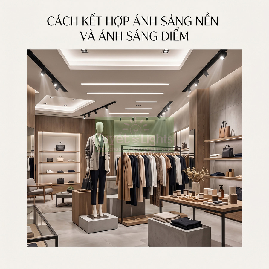 Cửa hàng thời trang cao cấp với ma nơ canh và hệ thống đèn rọi, đèn âm trần chiếu sáng quần áo và phụ kiện