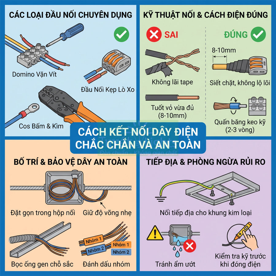 Hướng dẫn kết nối dây điện an toàn với domino vặn vít, đầu nối kẹp lò xo, cos bấm và cách bọc cách điện đúng