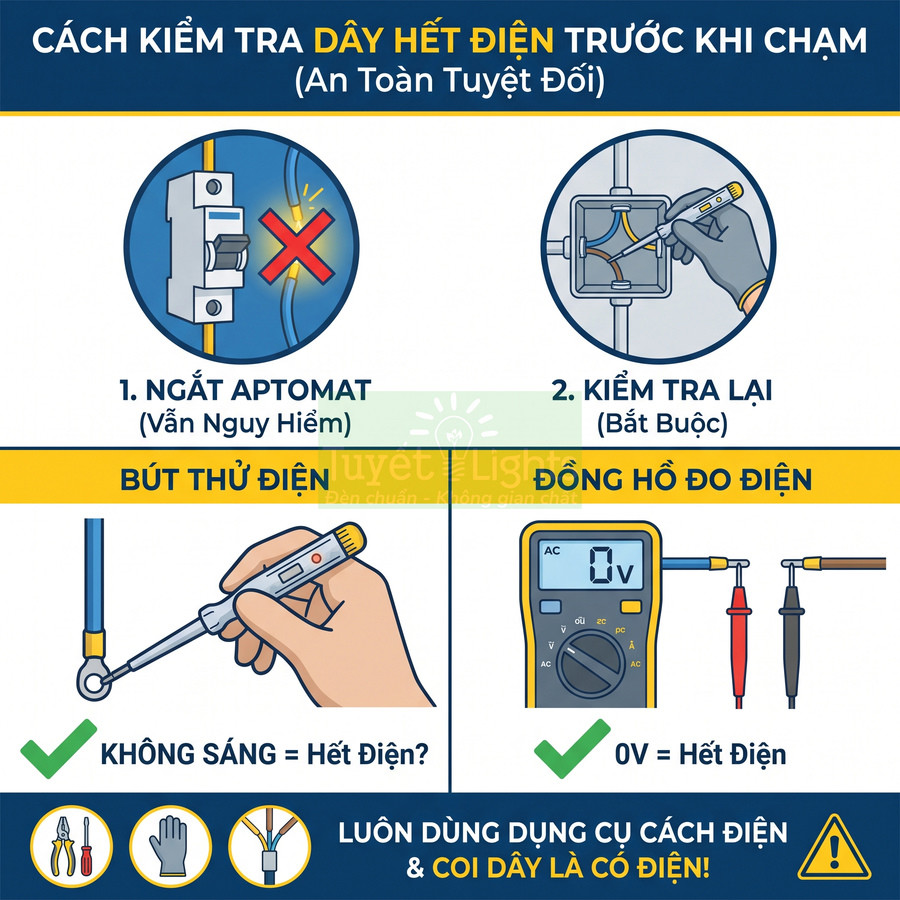 Hướng dẫn kiểm tra dây điện hết điện bằng bút thử điện và đồng hồ đo điện an toàn trước khi chạm