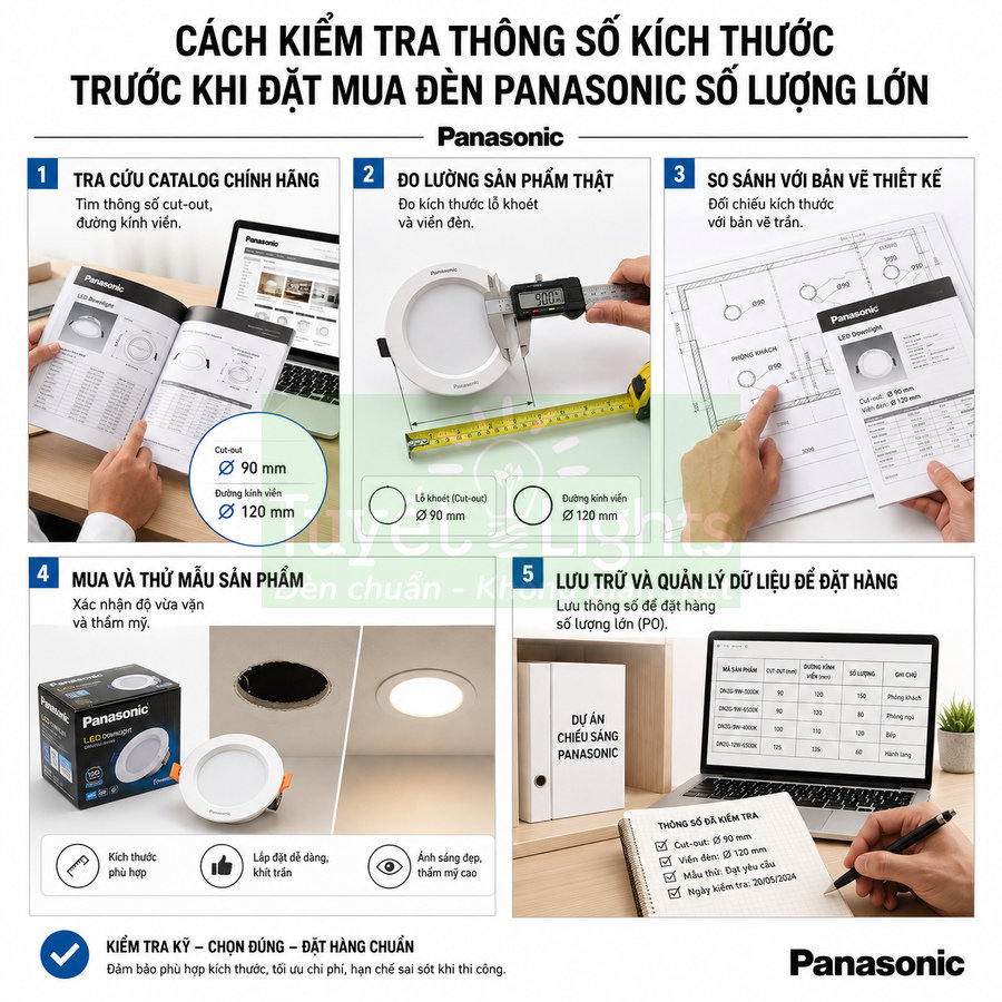 Hướng dẫn kiểm tra kích thước và đặt mua đèn LED âm trần Panasonic số lượng lớn