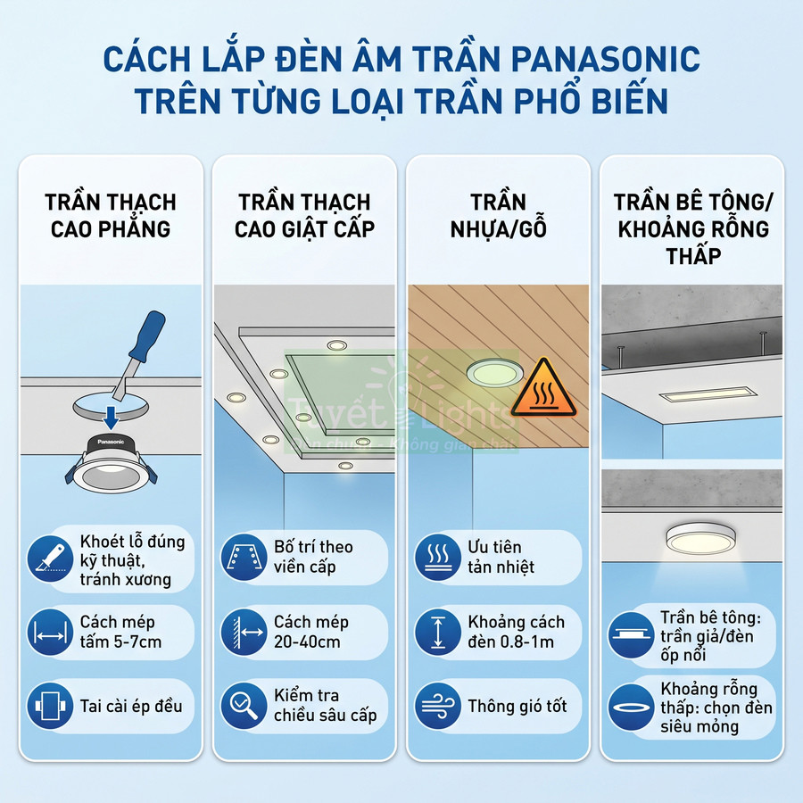 Hướng dẫn lắp đèn âm trần Panasonic cho trần thạch cao, trần nhựa gỗ và trần bê tông
