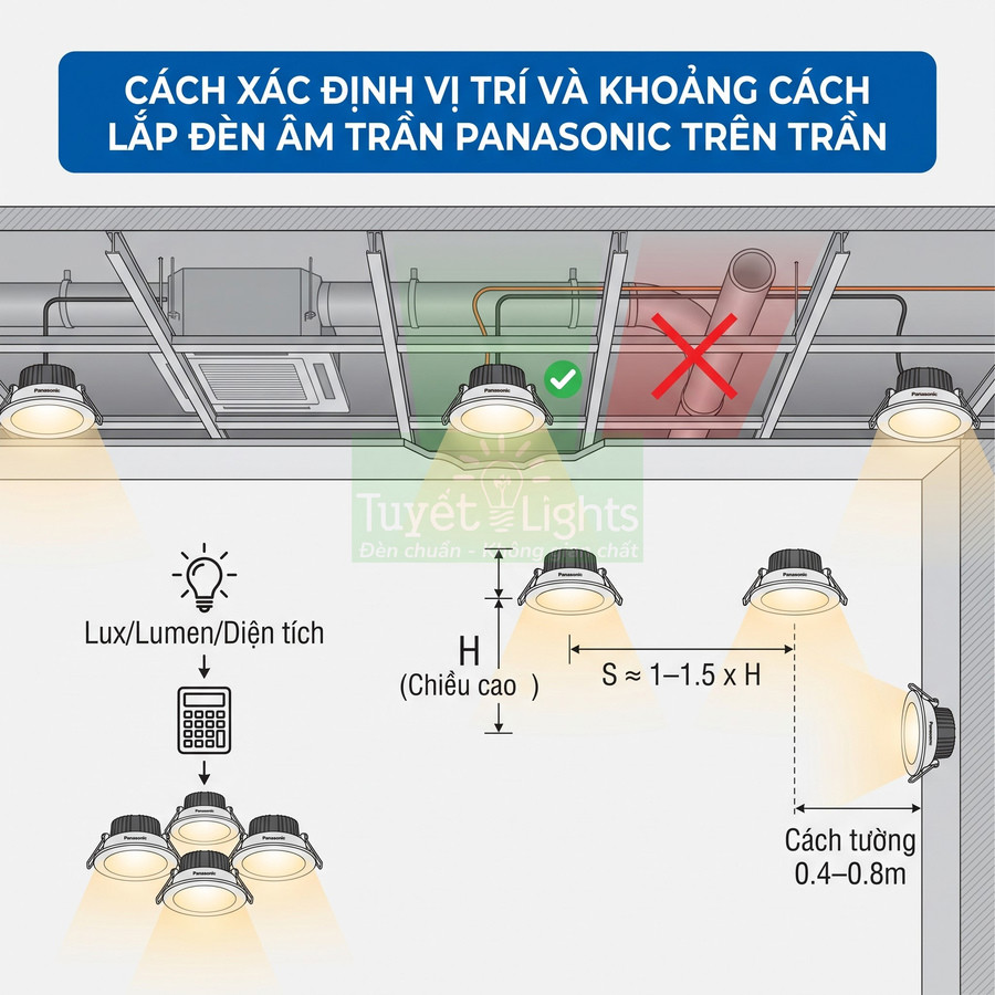 Hướng dẫn xác định vị trí và khoảng cách lắp đèn âm trần Panasonic trong phòng chiếu sáng