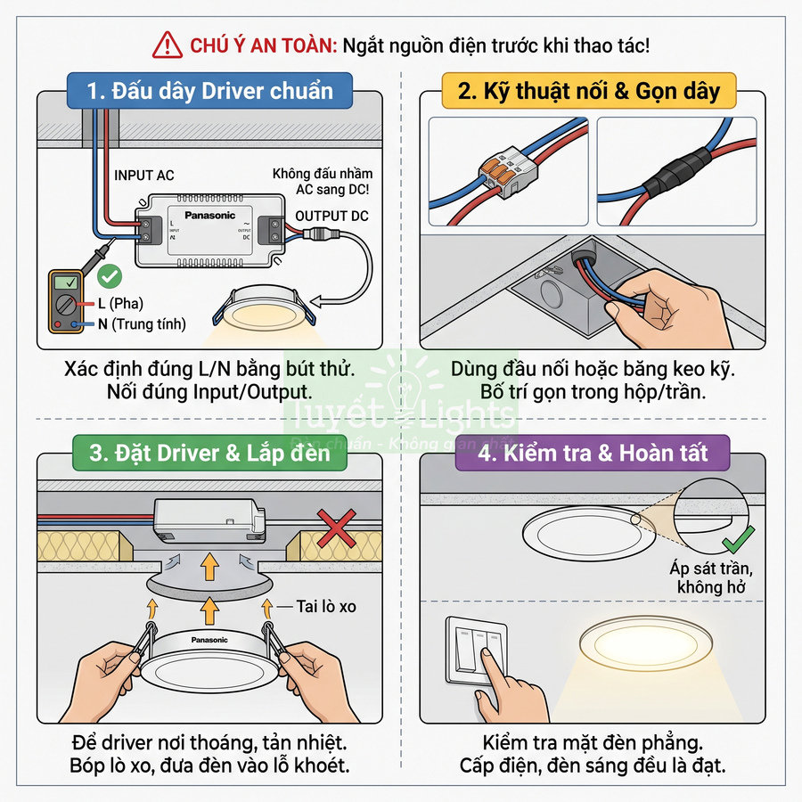 Hướng dẫn lắp đặt đèn led âm trần Panasonic với driver và đấu nối dây điện an toàn
