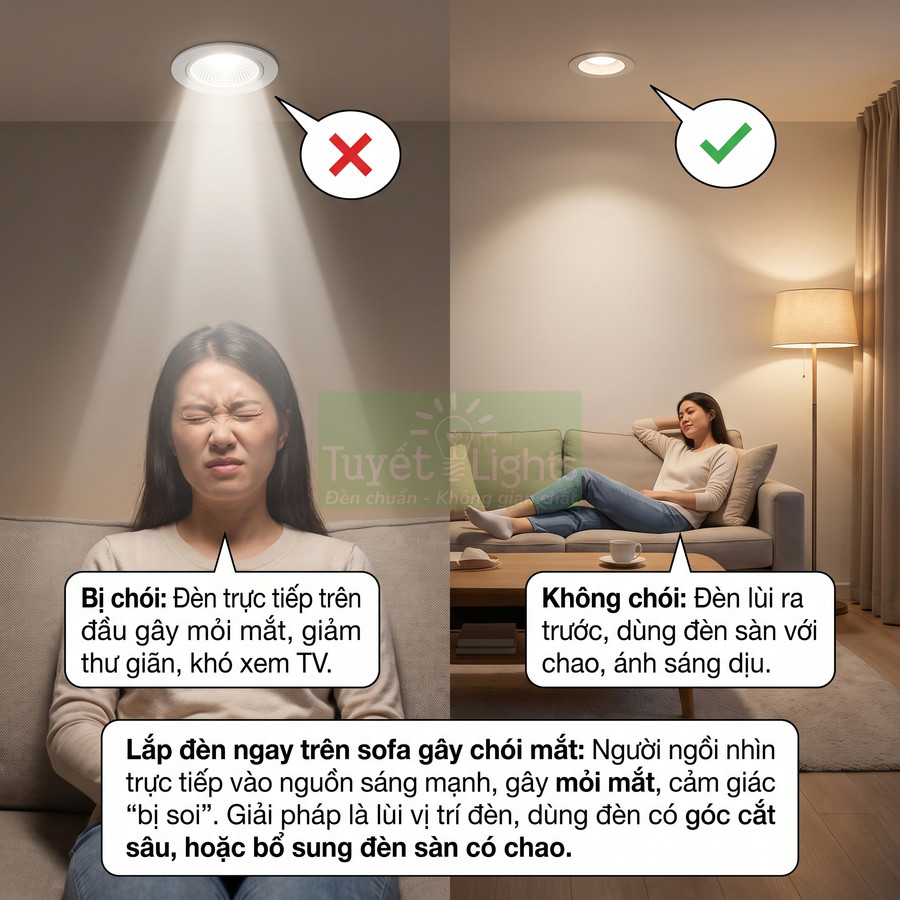 So sánh cách lắp đèn âm trần trên sofa gây chói mắt và lùi đèn ra trước kết hợp đèn sàn ánh sáng dịu