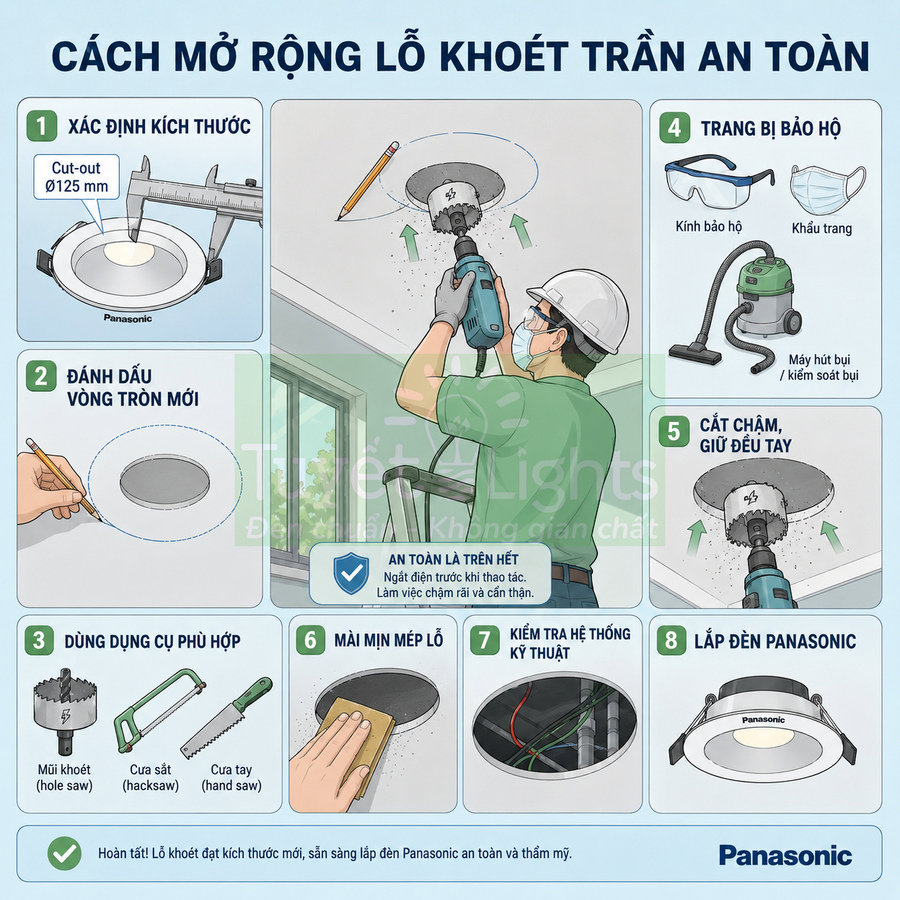 Hướng dẫn từng bước mở rộng lỗ khoét trần và lắp đèn âm trần Panasonic an toàn