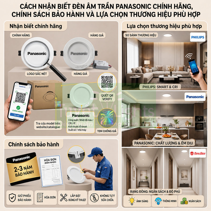 Hướng dẫn nhận biết đèn âm trần Panasonic chính hãng, so sánh Philips và Rạng Đông, chính sách bảo hành và tem chống giả