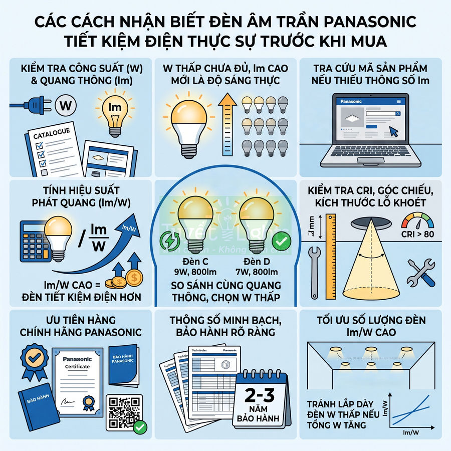 Hướng dẫn chọn đèn âm trần Panasonic tiết kiệm điện với chỉ số lm W cao, thông số rõ ràng và bảo hành 2 3 năm