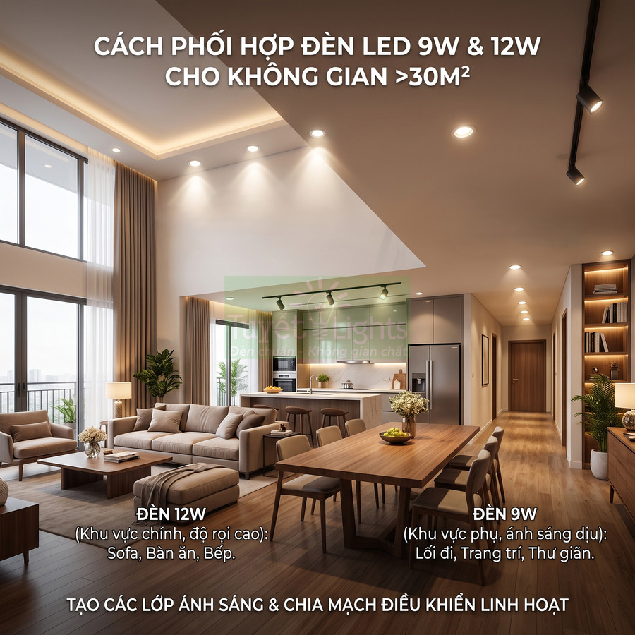 Phòng khách và bếp hiện đại sử dụng đèn LED âm trần 9W và 12W tạo lớp ánh sáng cho không gian rộng trên 30m2
