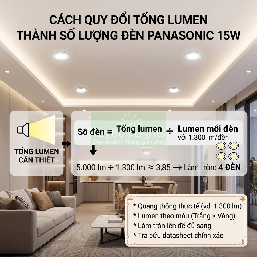 Hướng dẫn tính số lượng đèn LED Panasonic 15W theo tổng lumen cho phòng khách hiện đại
