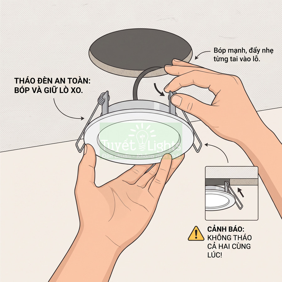 Hướng dẫn tháo đèn âm trần Tuyết Light an toàn bằng cách bóp và giữ lò xo từng bên