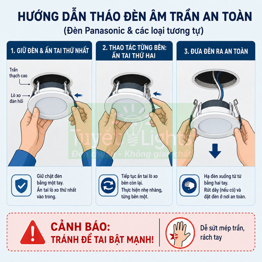 Hướng dẫn tháo đèn âm trần Panasonic an toàn với các bước giữ, ấn tai lò xo và rút đèn khỏi trần