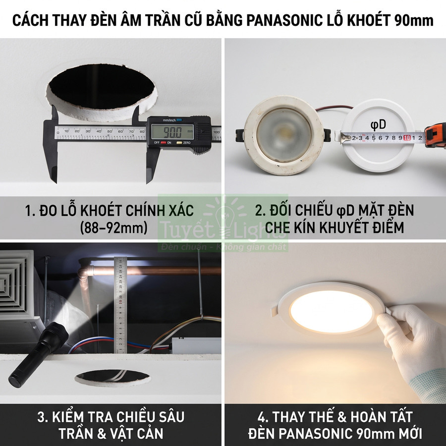 Hướng dẫn thay đèn âm trần cũ bằng đèn âm trần Panasonic 90mm chiếu sáng trần nhà
