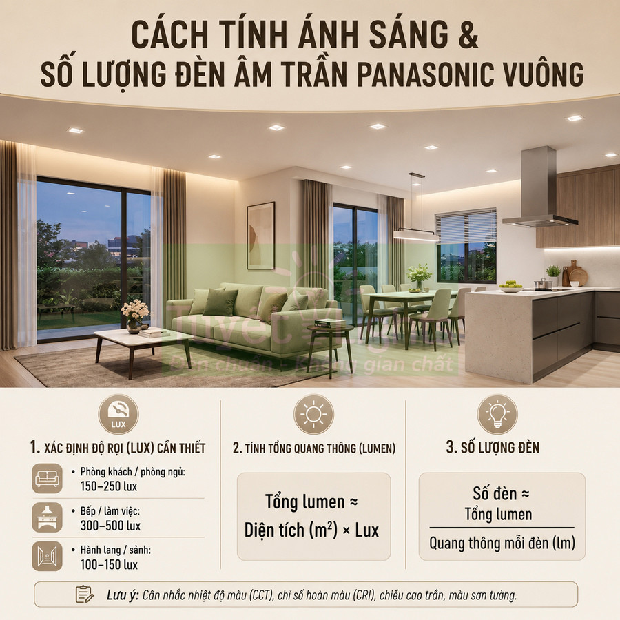 Phòng khách và bếp hiện đại sử dụng nhiều đèn âm trần Panasonic vuông chiếu sáng không gian rộng