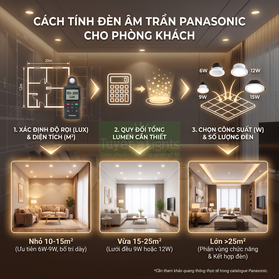 Hướng dẫn cách tính số lượng đèn âm trần Panasonic cho phòng khách theo diện tích và công suất