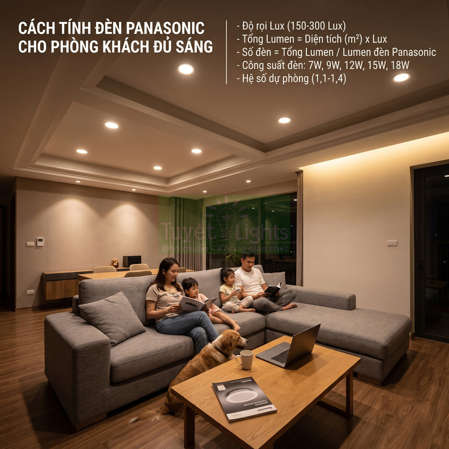 Gia đình sinh hoạt trong phòng khách sử dụng đèn âm trần Panasonic ánh sáng ấm, nội thất hiện đại