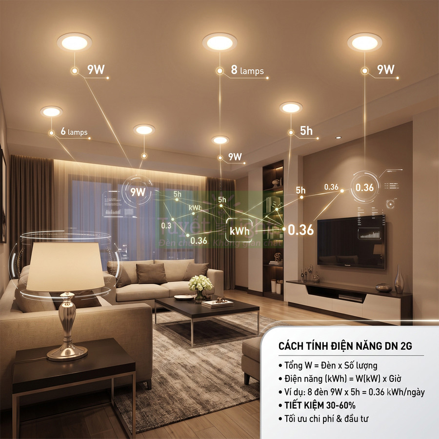 Phòng khách hiện đại sử dụng nhiều đèn LED âm trần 9W tiết kiệm điện và bảng hướng dẫn cách tính điện năng
