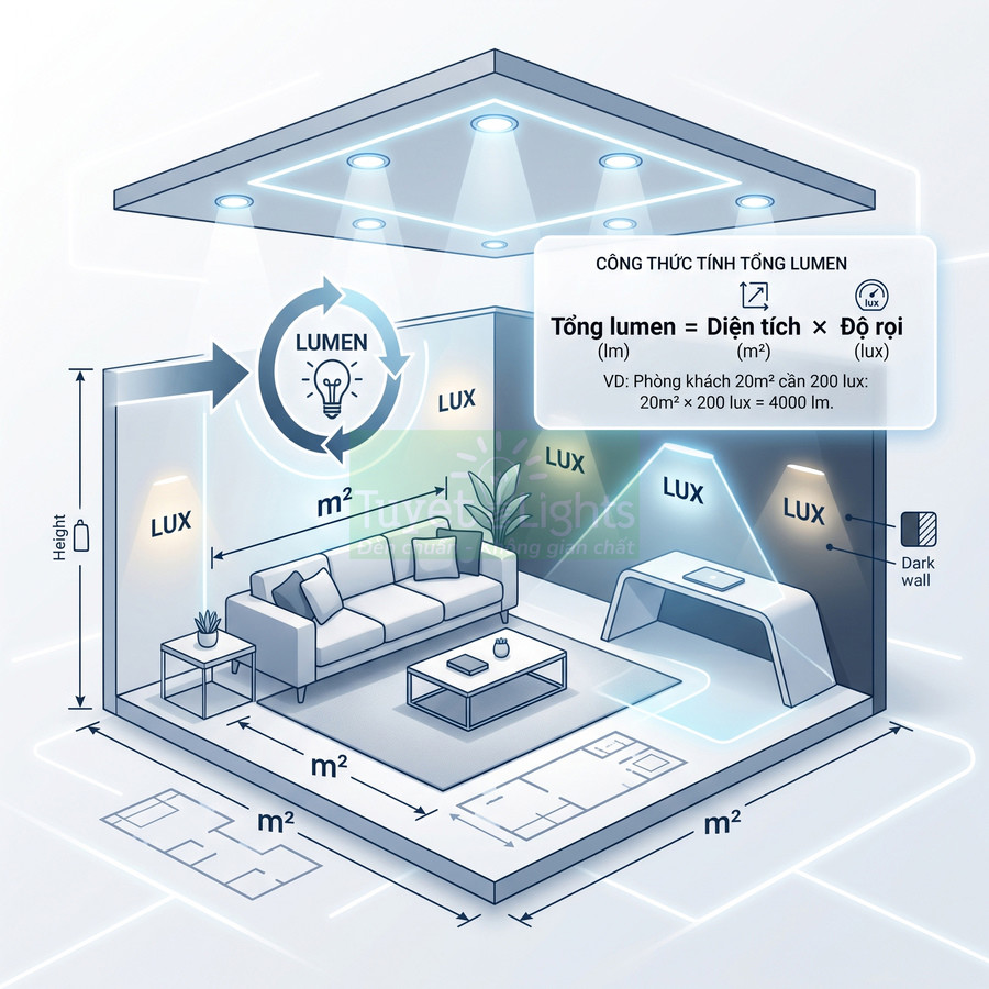 Minh họa phòng khách với đèn trần LED, công thức tính tổng lumen theo diện tích và độ rọi lux