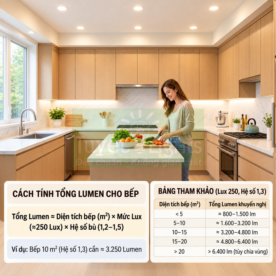 Đèn LED âm trần chiếu sáng phòng bếp hiện đại với tủ gỗ và đảo bếp trung tâm