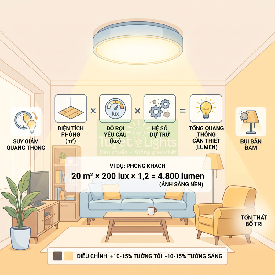 Đèn trần LED chiếu sáng phòng khách hiện đại, minh họa cách tính tổng quang thông lumen cho không gian sống