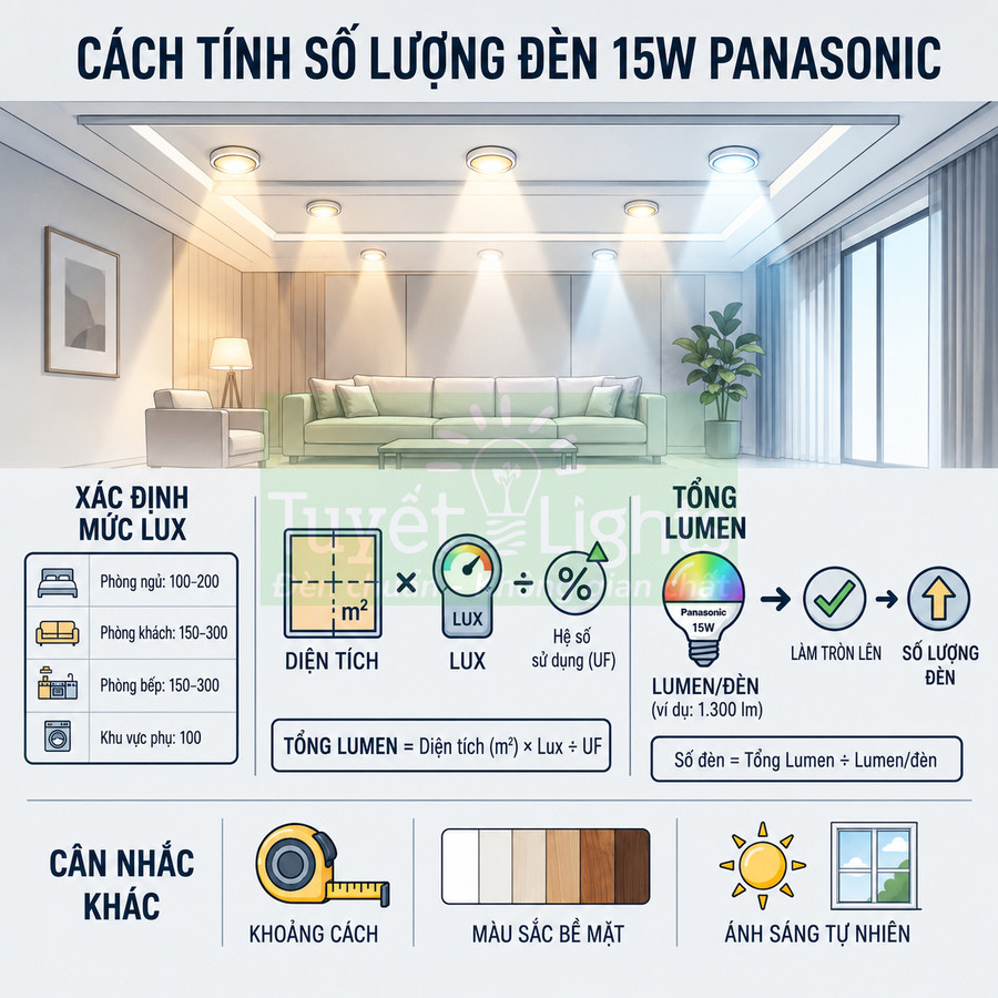Hướng dẫn tính số lượng đèn LED 15W Panasonic cho phòng khách với minh họa phòng sáng hiện đại