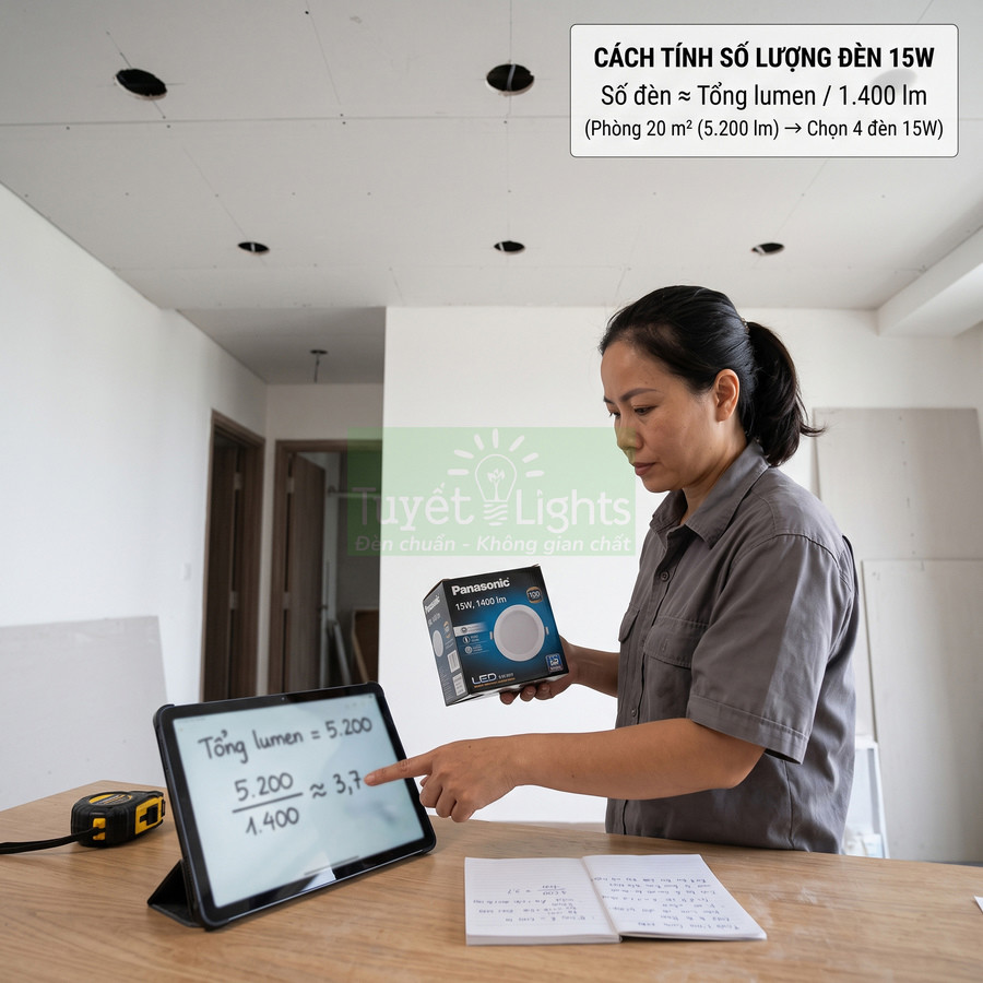Người phụ nữ tính số lượng đèn LED Panasonic 15W bằng máy tính bảng trong phòng đang thi công