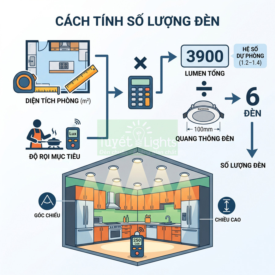 Hướng dẫn tính số lượng đèn âm trần Panasonic cho phòng bếp dựa trên diện tích, độ rọi và quang thông