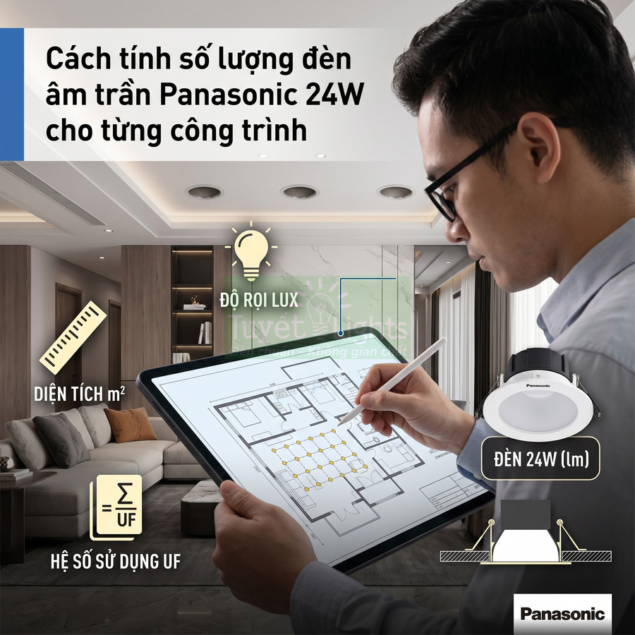 Hướng dẫn tính số lượng đèn âm trần Panasonic 24W cho từng công trình nội thất