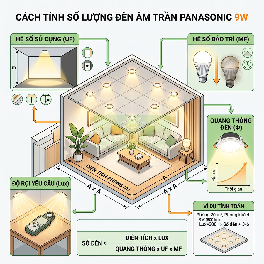 Hướng dẫn tính số lượng đèn âm trần Panasonic 9W cho phòng khách bằng các thông số chiếu sáng