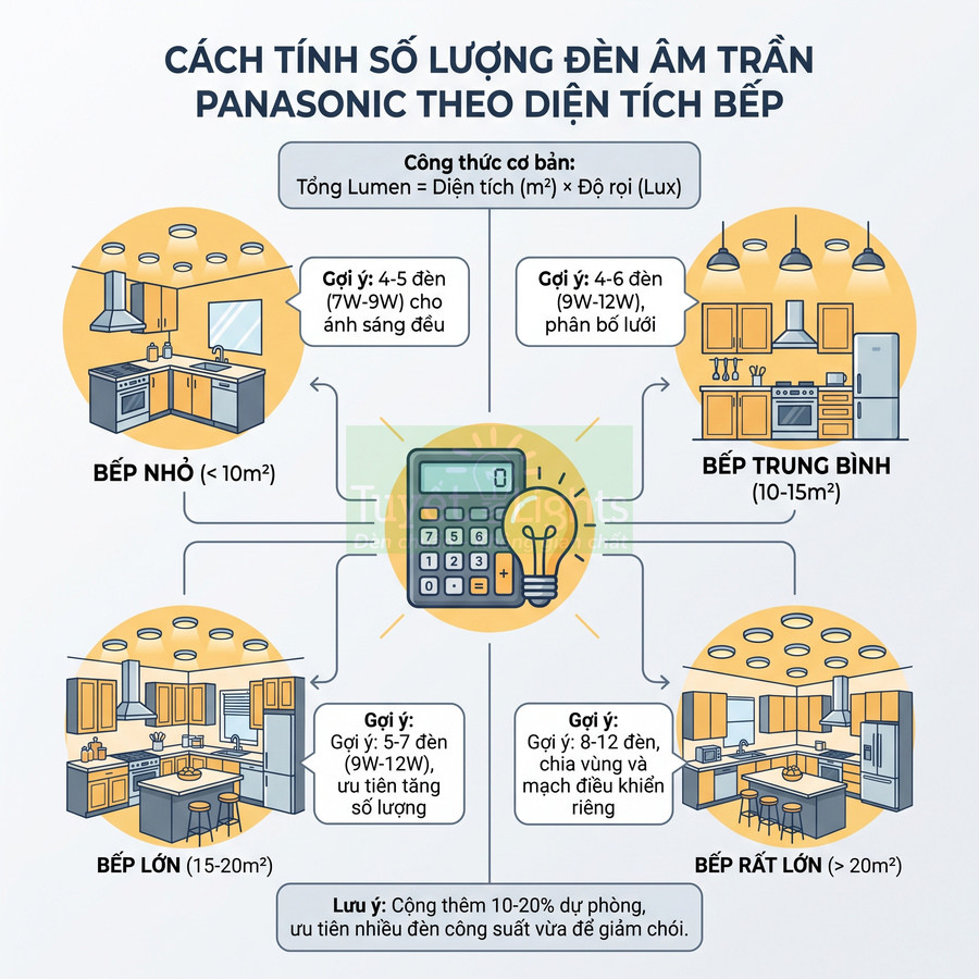 Hướng dẫn chọn số lượng đèn âm trần Panasonic theo diện tích bếp nhỏ, trung bình, lớn và rất lớn
